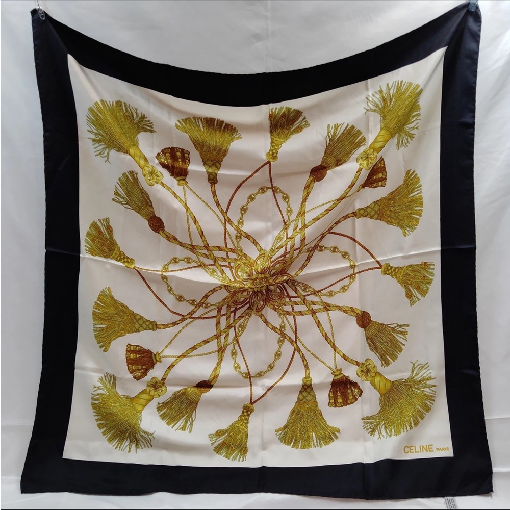 Celine Silk Scarf with Gold and Black Tassel Design